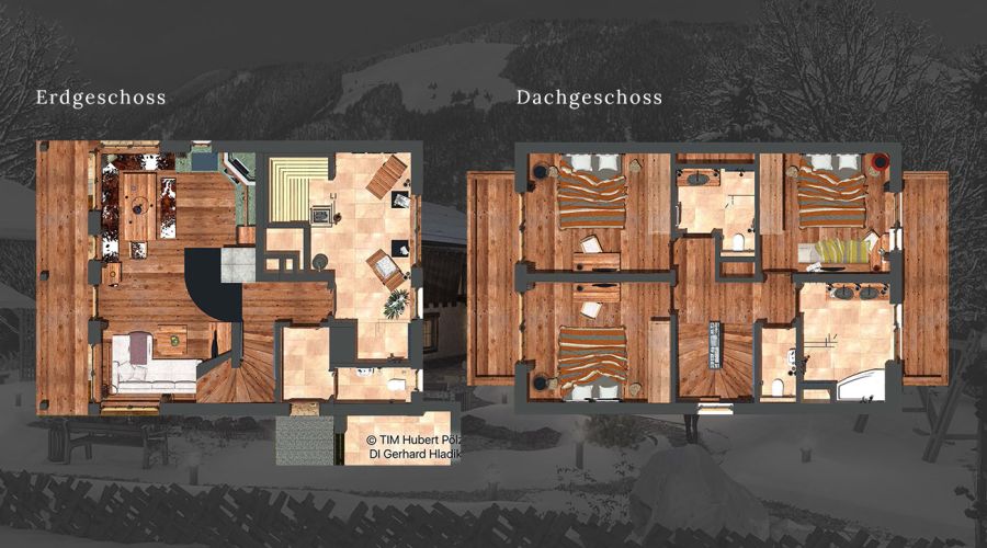Grundriss: Erdgeschoss und Dachgeschoss eines Holzhauses im Berggebiet (Winter).